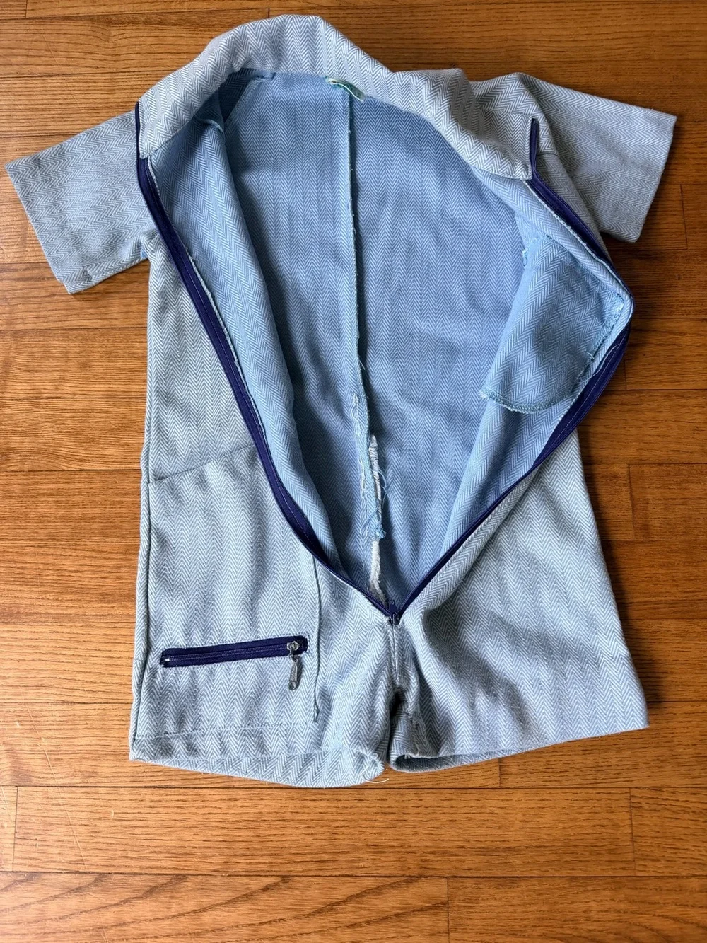VTG 70s Penny Pockets boy Childrens Romper Jumpsuit Blue Herringbone Knit Shorts